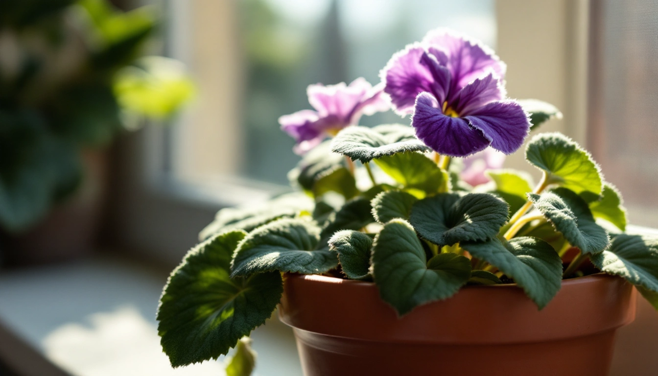 A potted African violet in bloom on a sunny windowsill