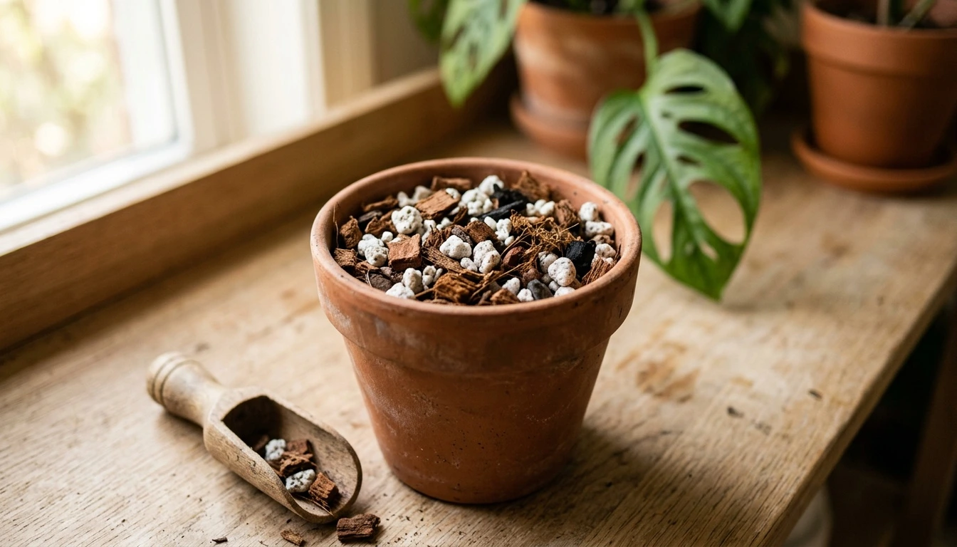 Chunky bark and perlite potting mix in a terracotta pot beside a wooden scoop