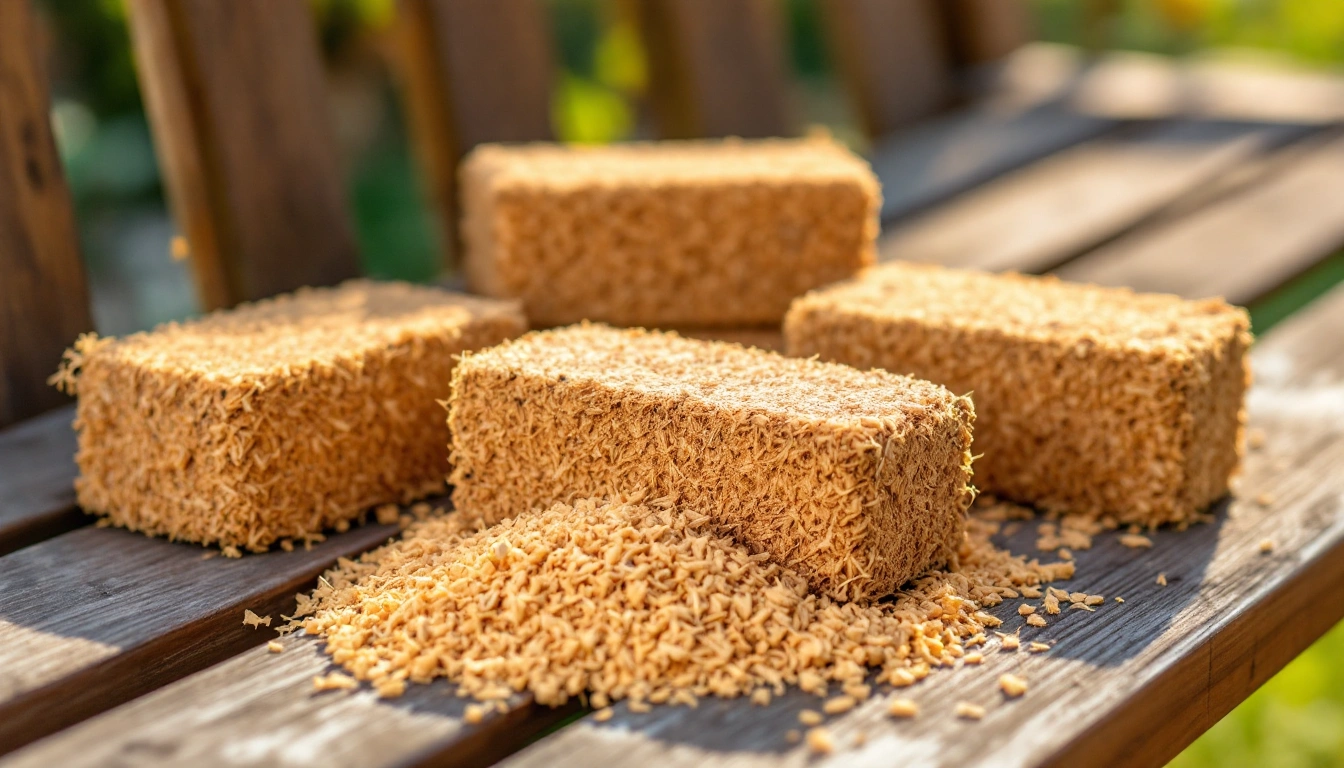 Compressed coco coir bricks and loose coir fiber on a wooden garden bench