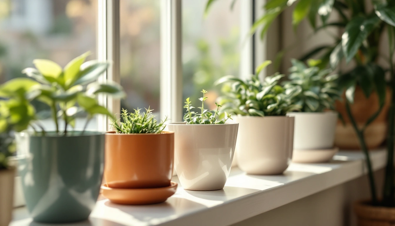 Several self-watering planters of different sizes on a sunny windowsill