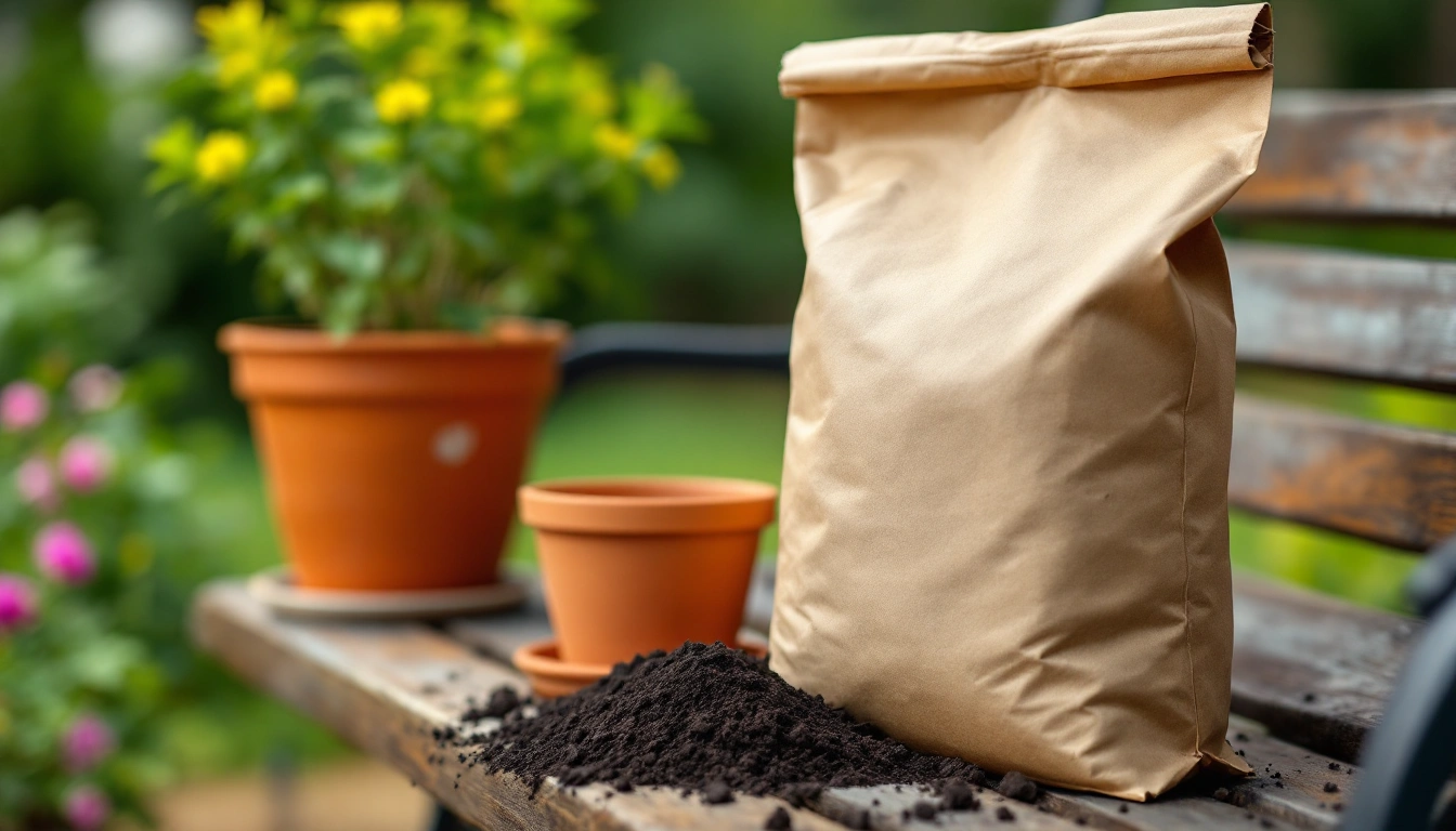 A bag of dark potting soil next to terracotta pots on a garden bench