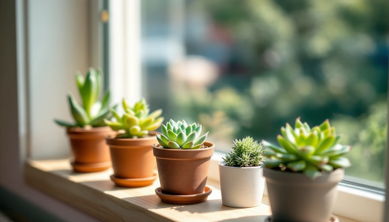 A row of small potted succulents on a sunny windowsill