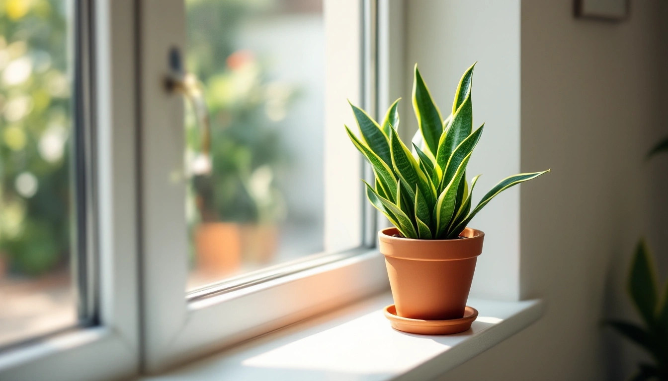 A snake plant in a terracotta pot on a windowsill