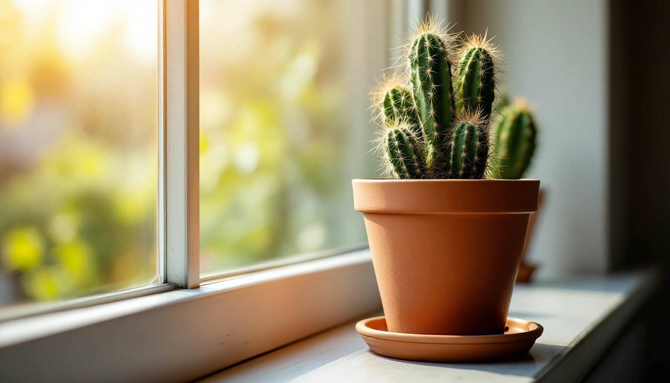 A potted cactus on a sunny windowsill