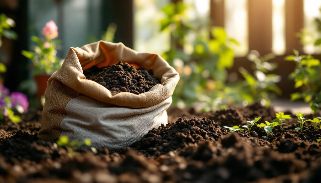 An open bag of potting soil in a garden shed