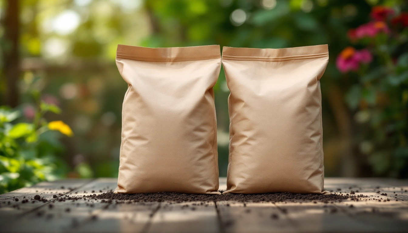 Two bags of potting soil side by side on a garden bench