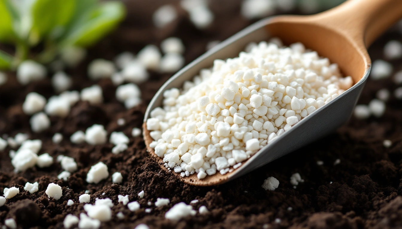 Chunky white perlite in a garden trowel over dark potting soil