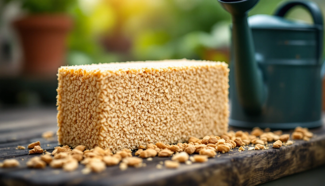A compressed coco coir brick on a potting bench