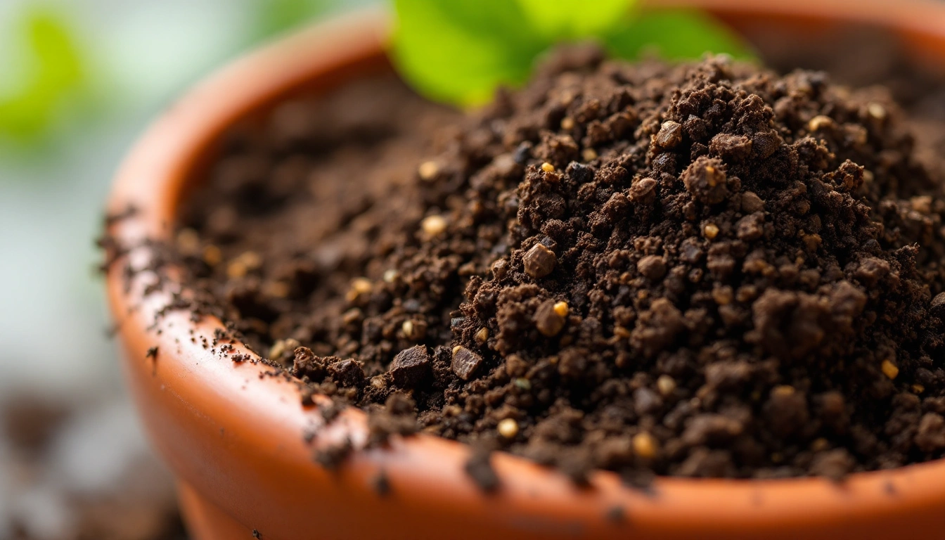 Coco coir fiber mixed into potting soil in a terracotta pot