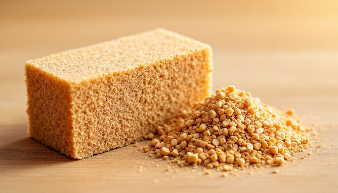 A block of compressed coco coir fiber next to loose coir
