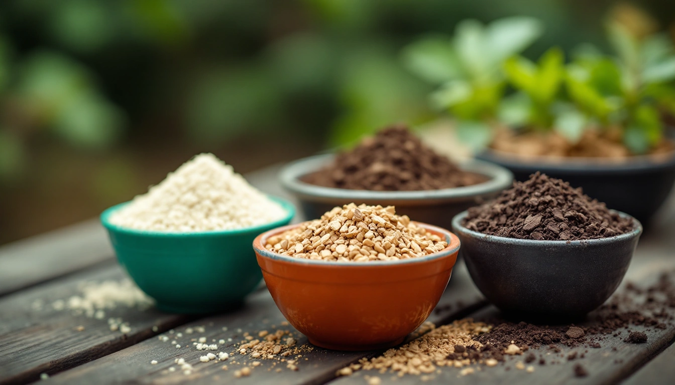 Potting soil ingredients in bowls on a garden bench