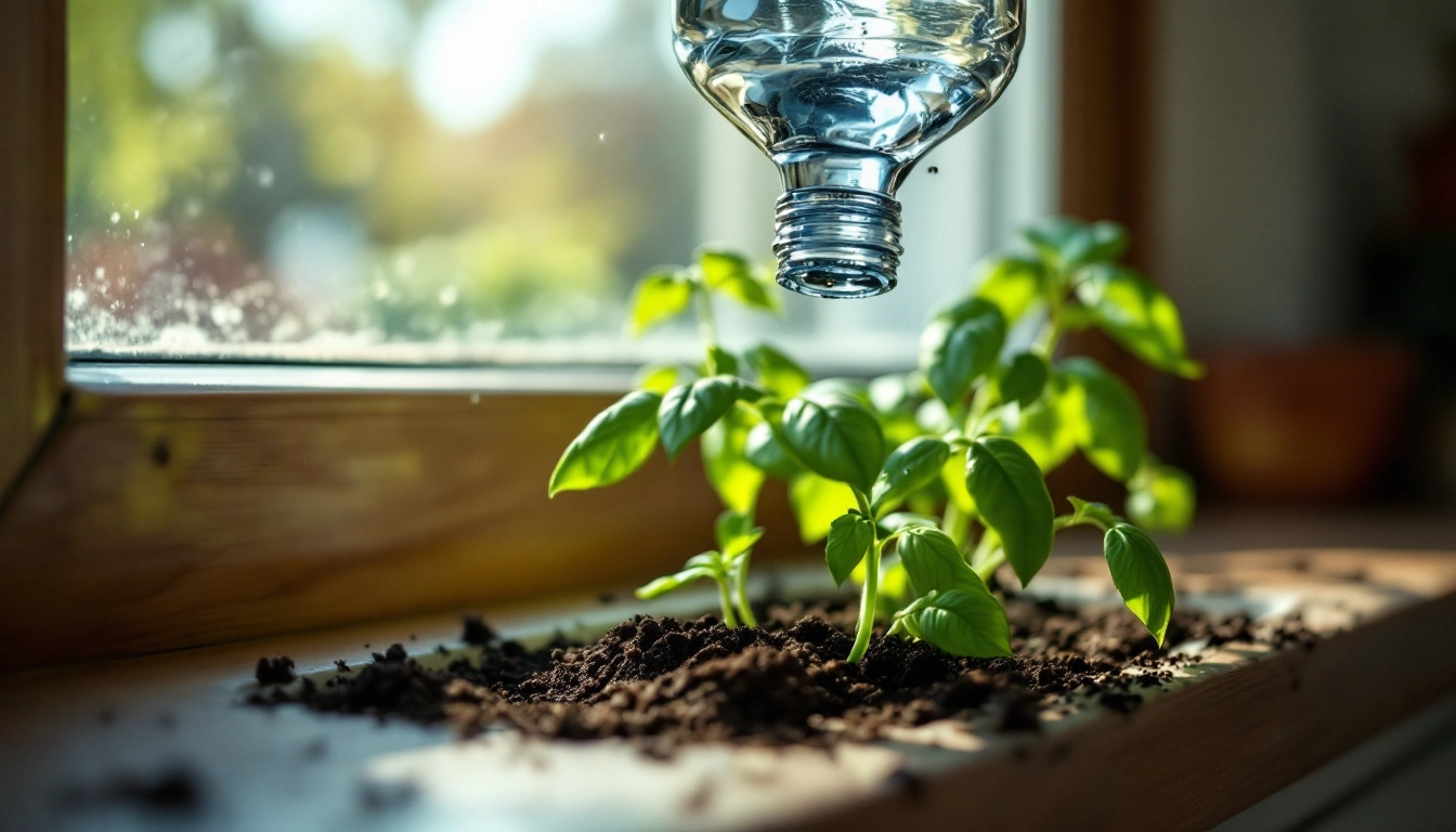 An upturned water bottle feeding a potted basil plant