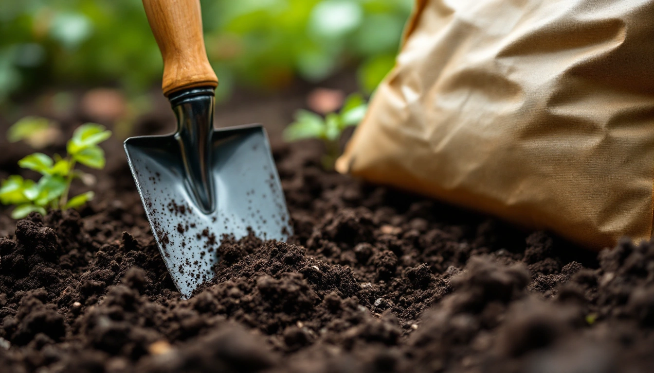 A garden trowel between a pile of garden soil and a bag of potting mix