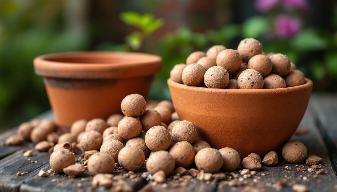 A pile of round clay leca balls next to a terracotta pot