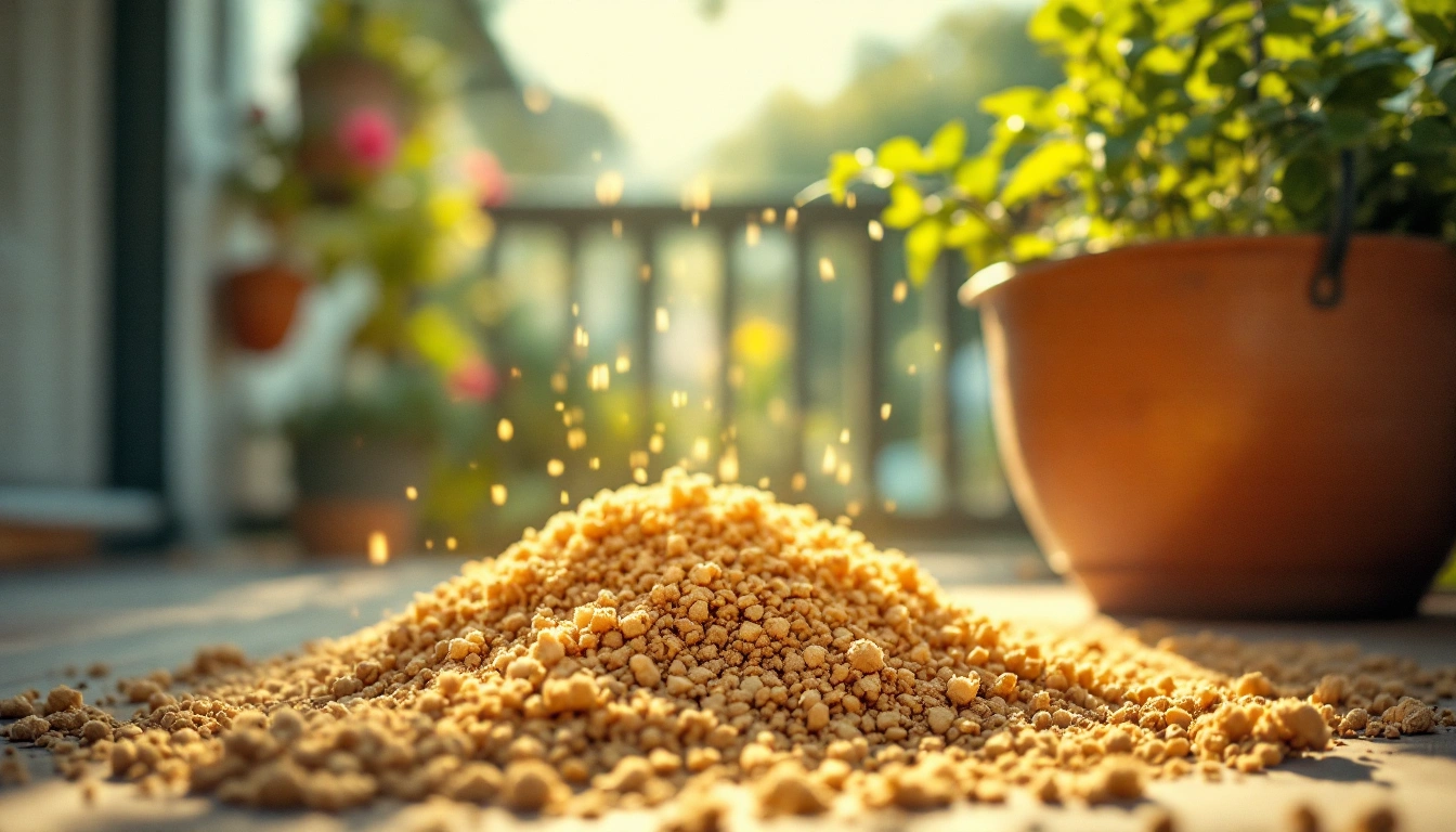 Light fluffy potting mix piled on a sunny porch next to a planter