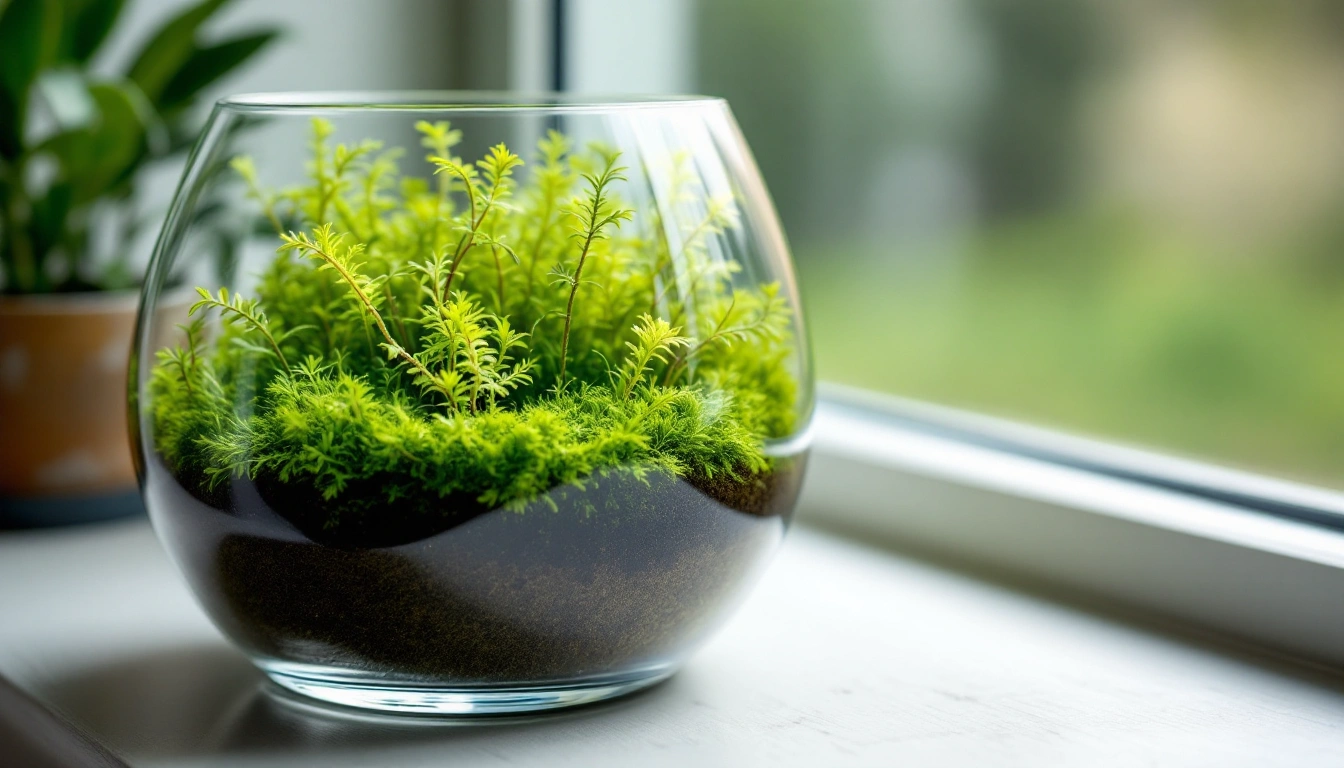 Live green sphagnum moss in a glass terrarium