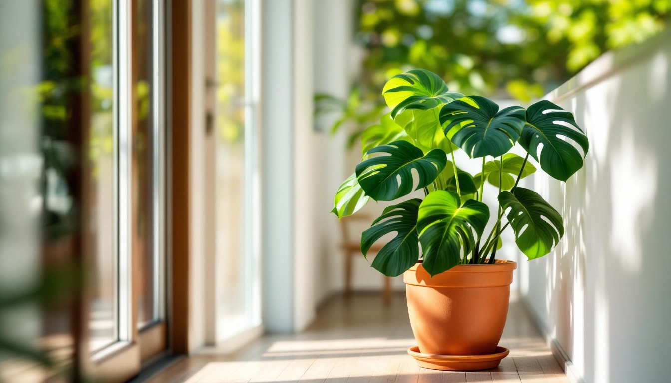 A monstera plant in a terracotta pot on a sunny porch