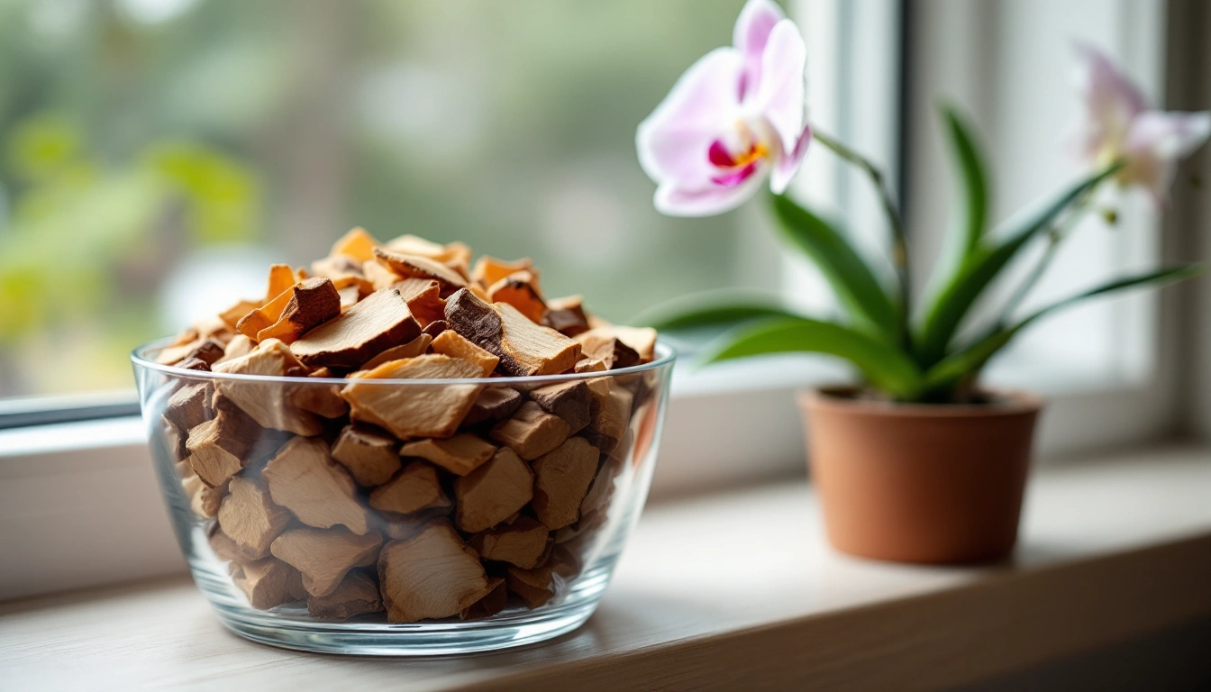 Chunky pine bark chips in a clear pot with an orchid