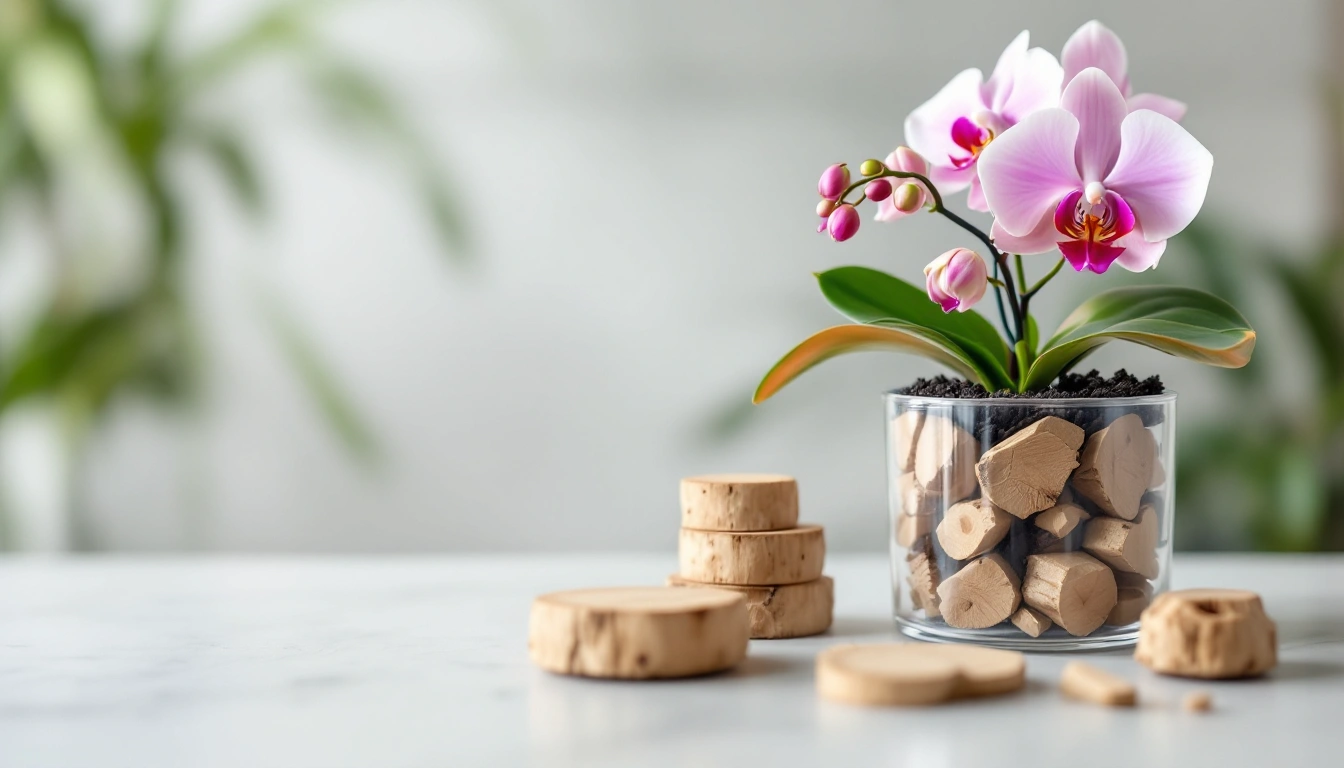 Chunky bark pieces in a clear pot with an orchid