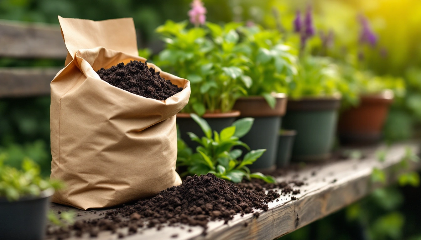 A bag of dark potting soil next to potted herbs on a garden bench
