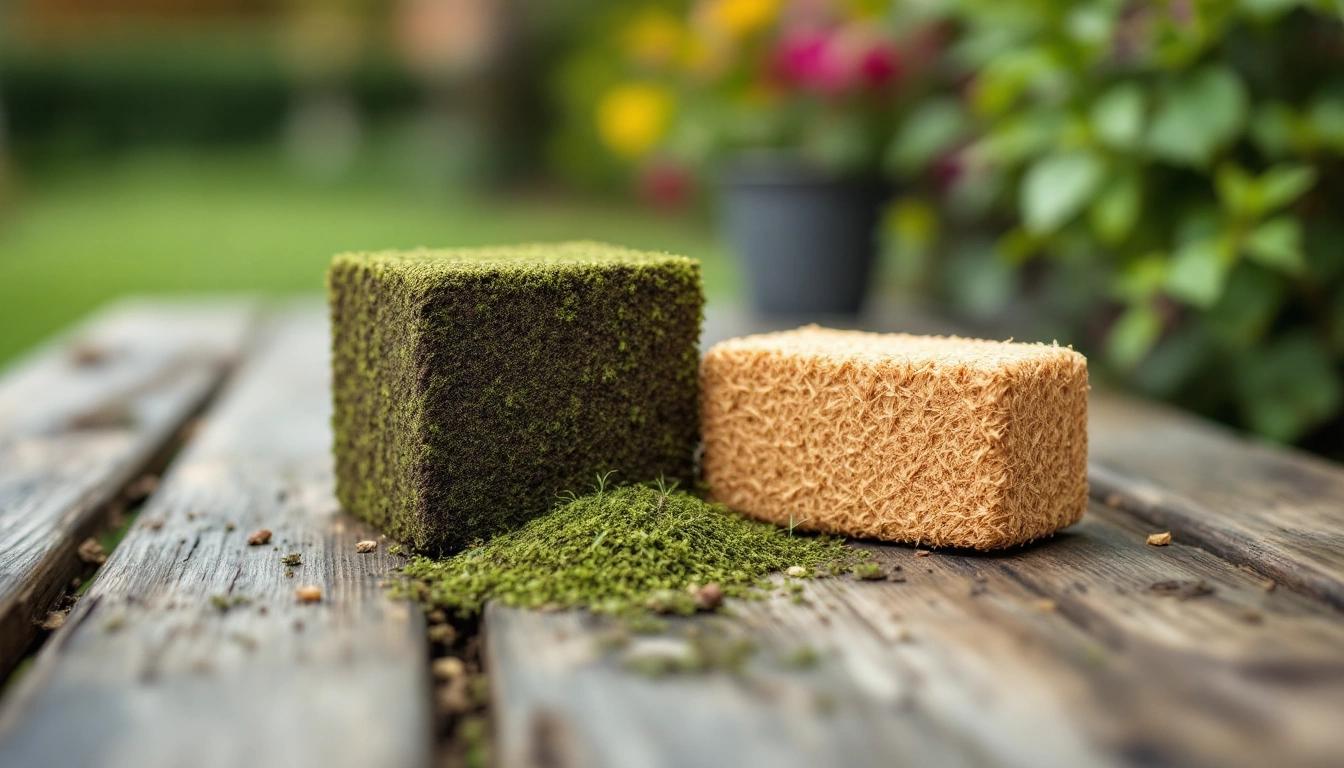 A block of peat moss on a wooden garden bench