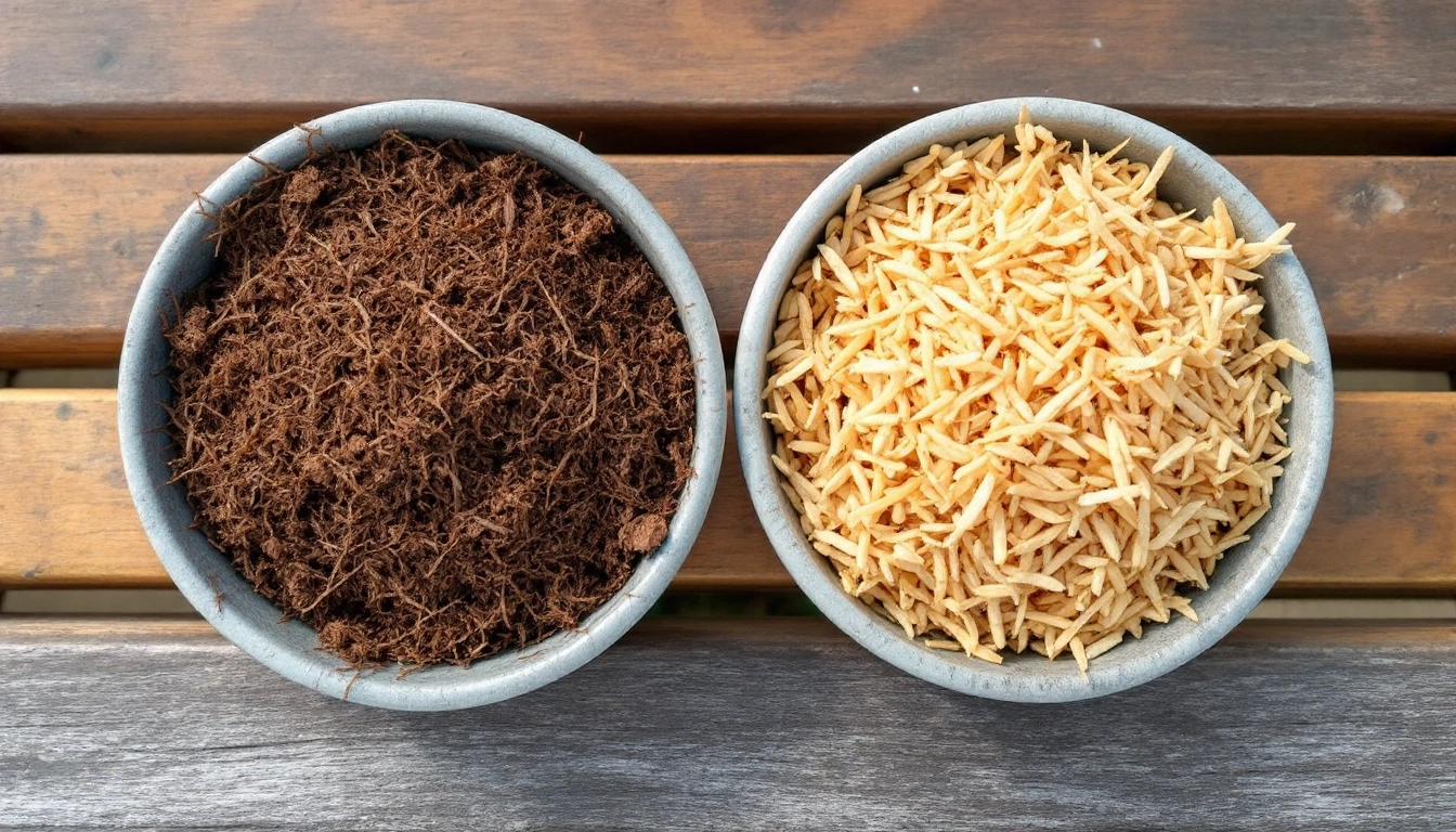 Bowls of peat moss and coco coir side by side on a bench