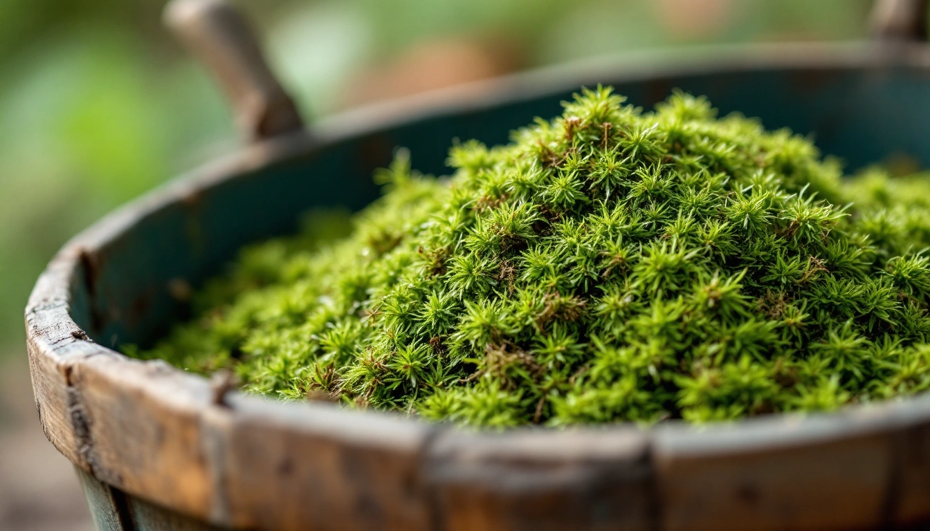 Dried sphagnum peat moss in a garden trug