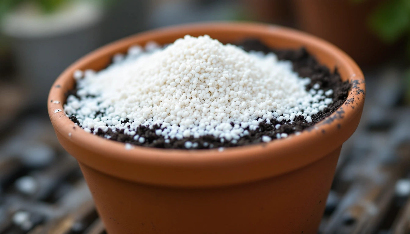 White perlite mixed into potting soil in a terracotta pot