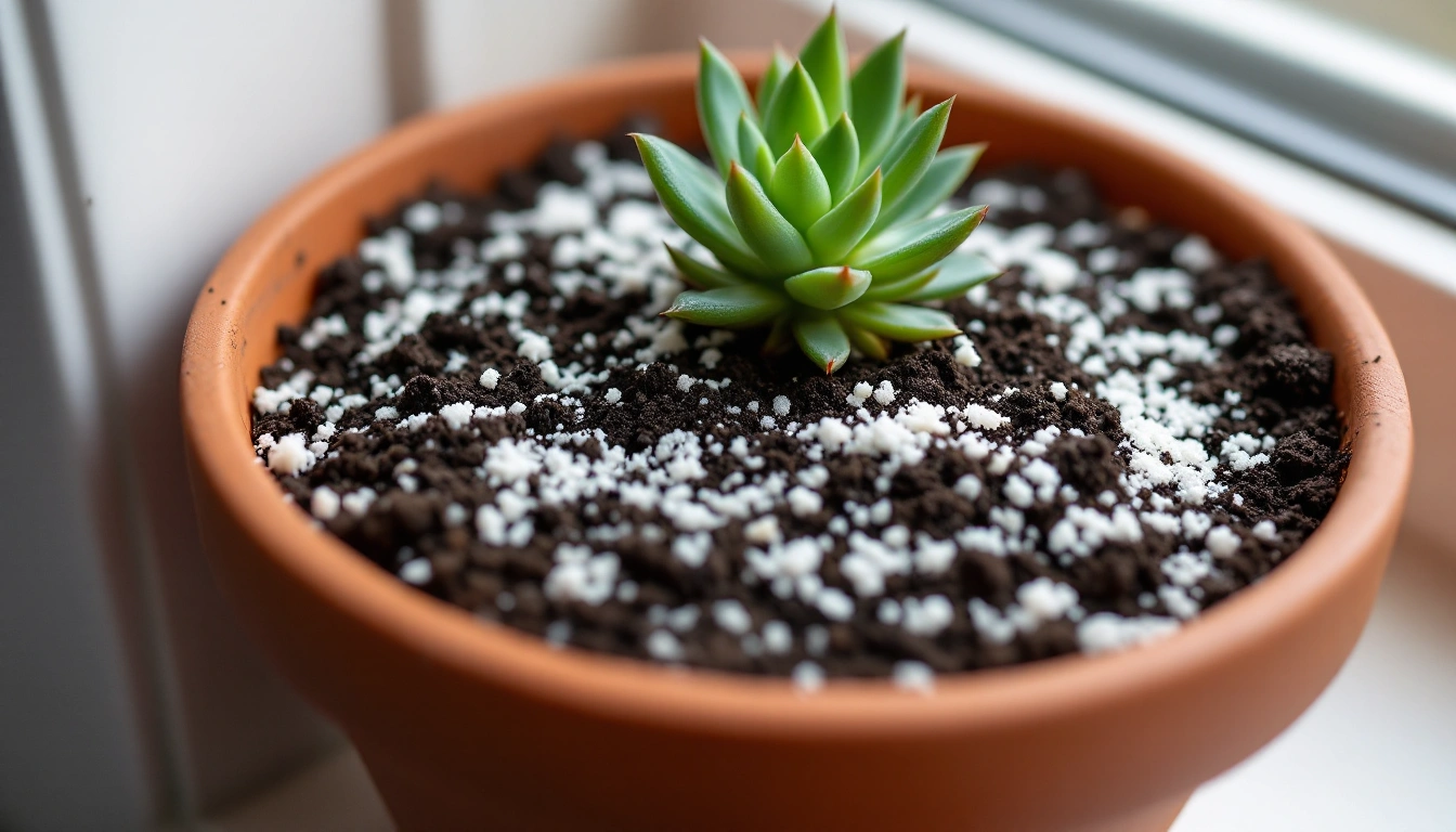 A terracotta pot of perlite-speckled soil with a small succulent
