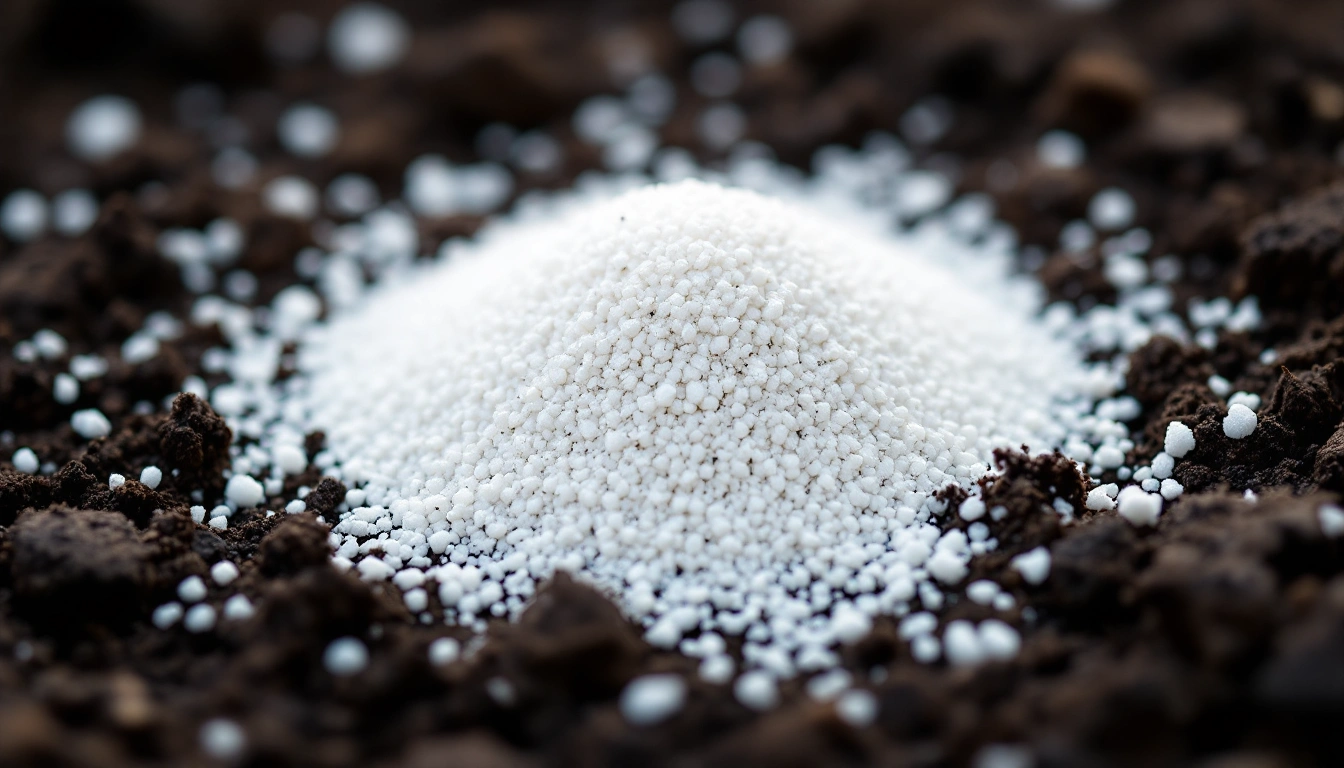 White perlite specks in dark potting soil in a garden bed