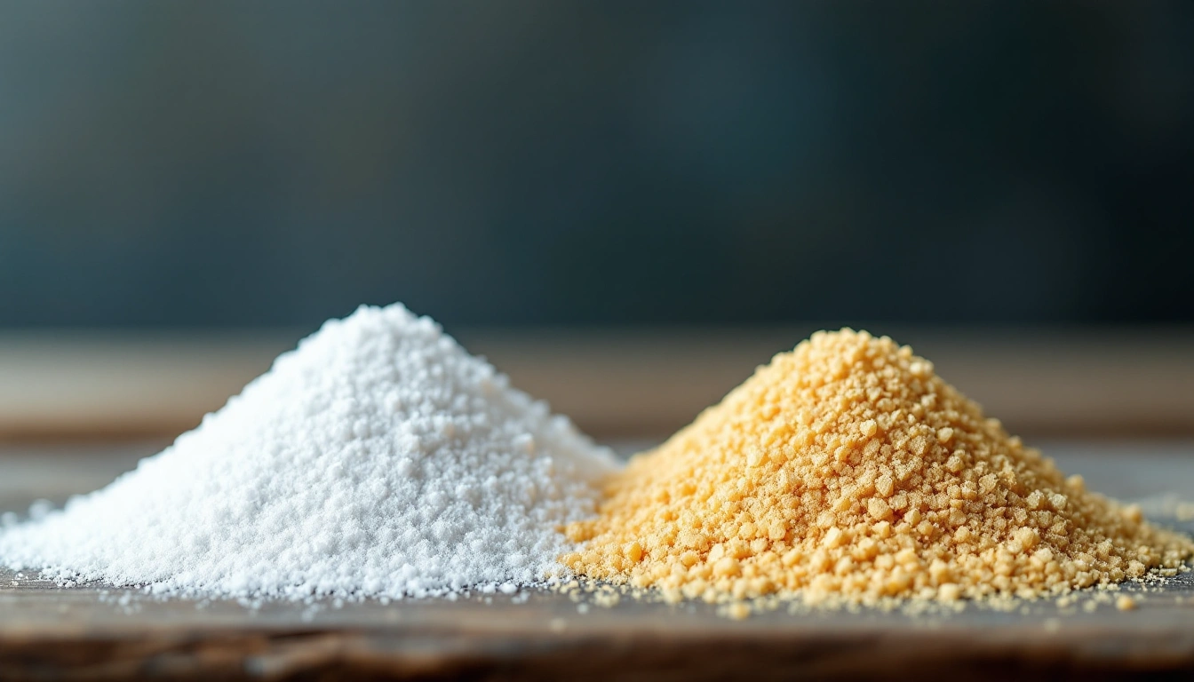 A small pile of white perlite next to a pile of golden vermiculite