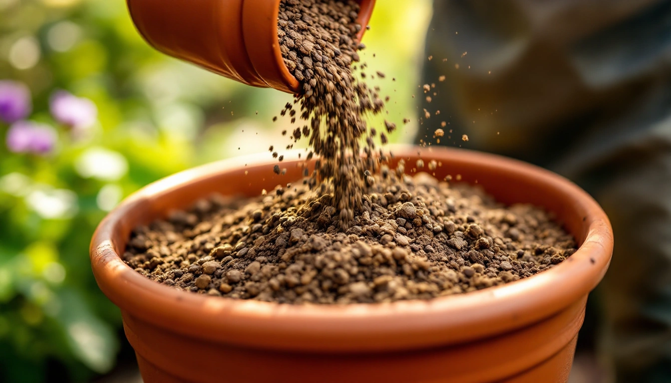 Potting mix being poured into a large terracotta planter