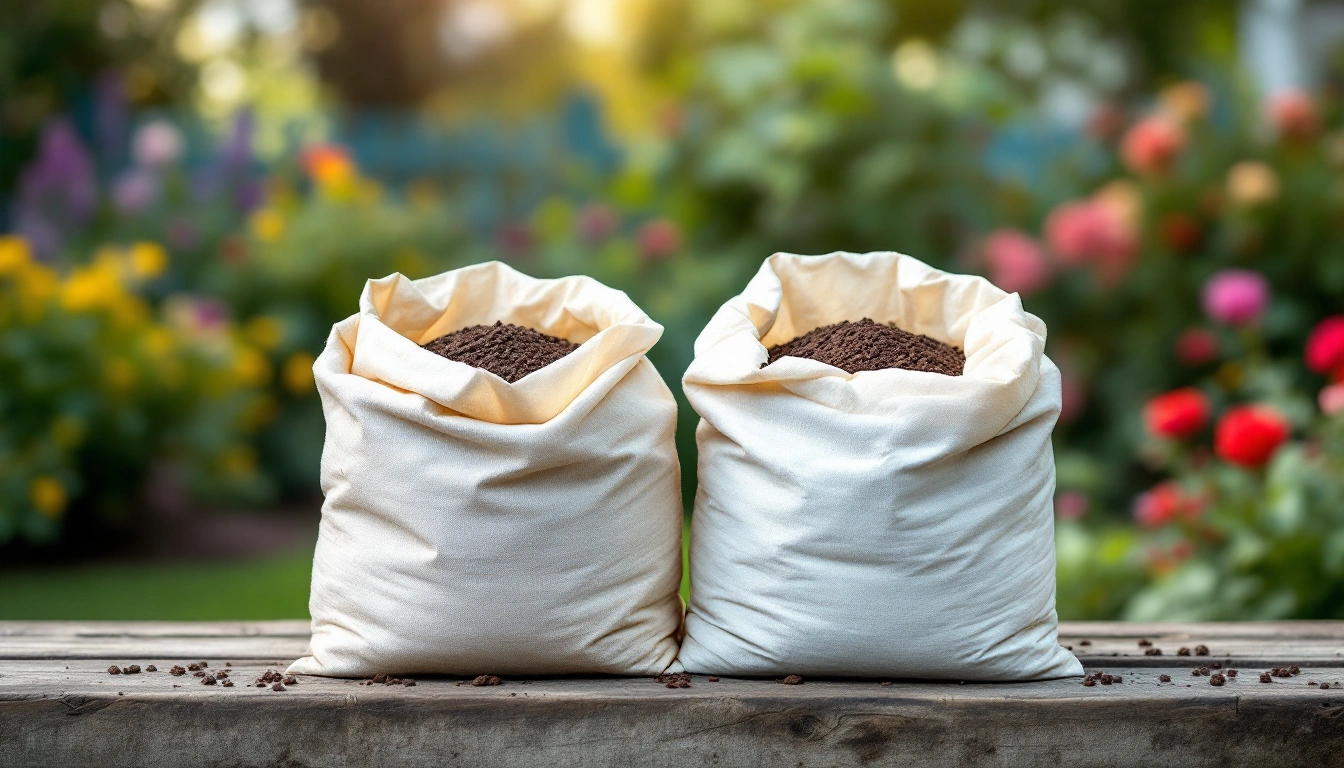 Two bags of potting mix side by side on a garden bench