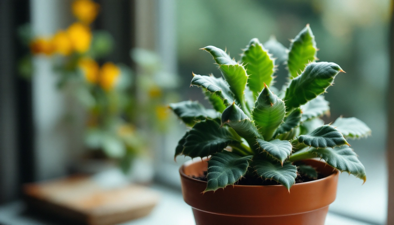 A Christmas cactus in a pot on a windowsill