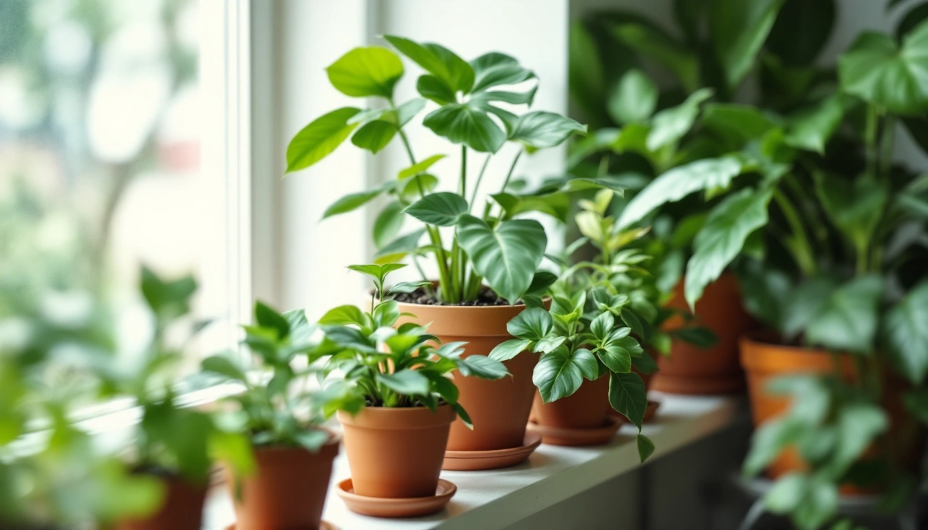 A row of leafy houseplants in terracotta pots by a window