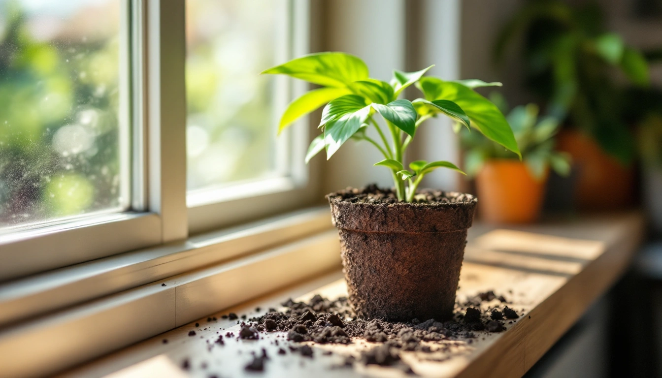 A young potted plant freshly repotted into dark soil on a windowsill