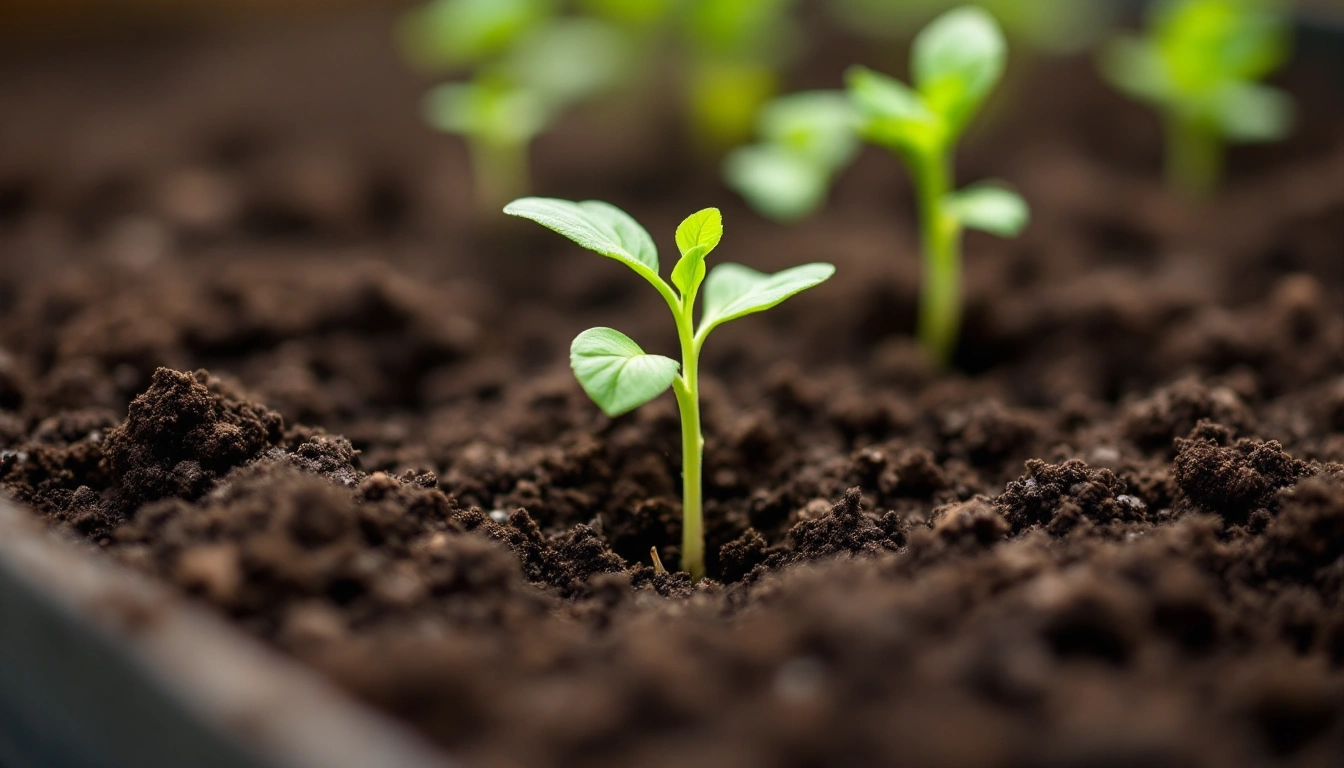 Young vegetable seedlings in potting soil in a raised bed