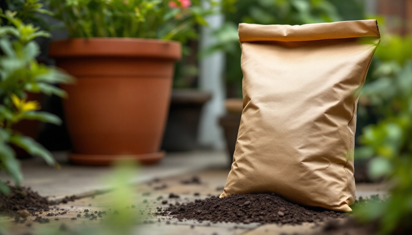 A bag of potting soil next to a terracotta pot on a porch