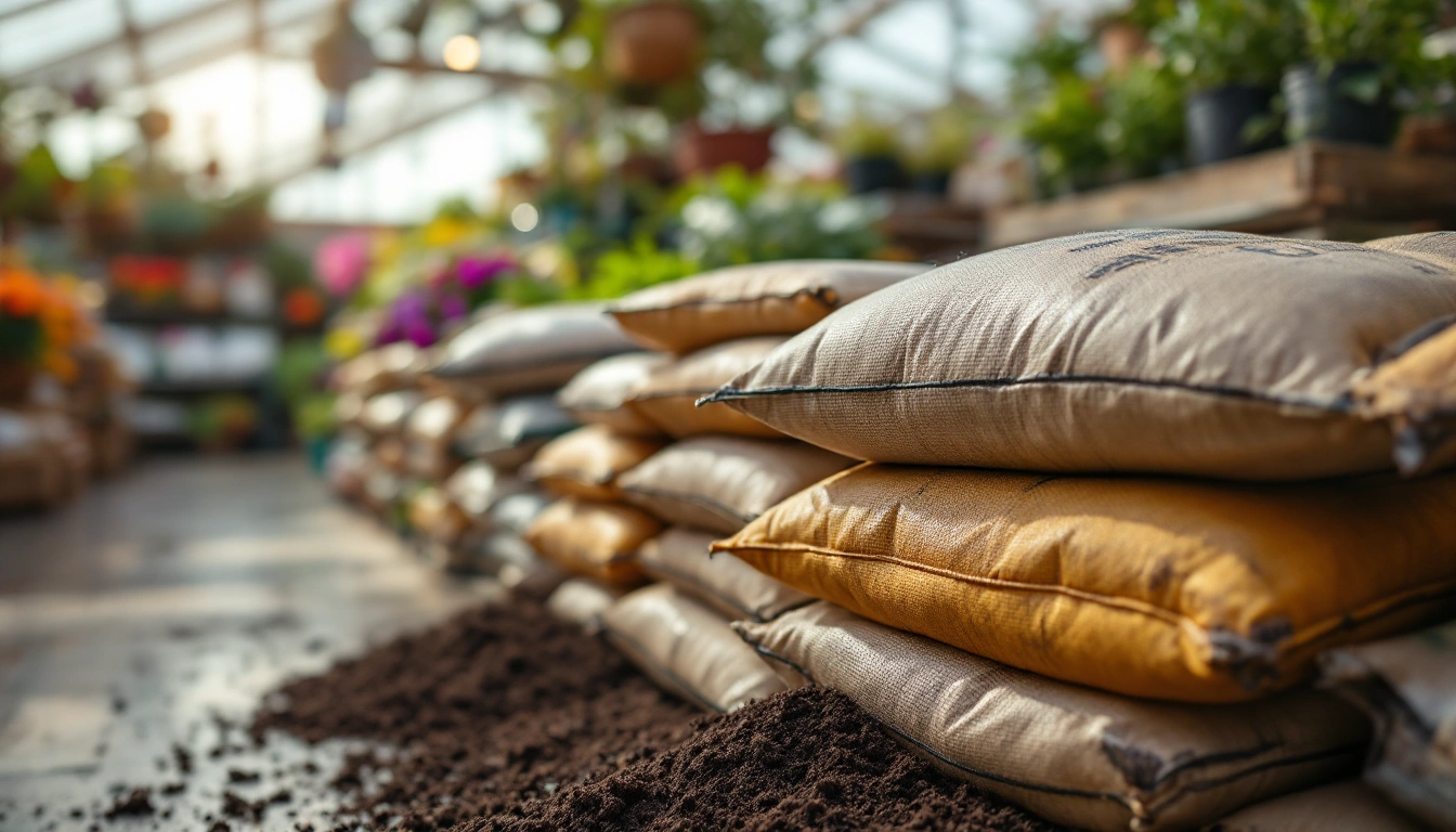 Stacked bags of potting soil in a garden center