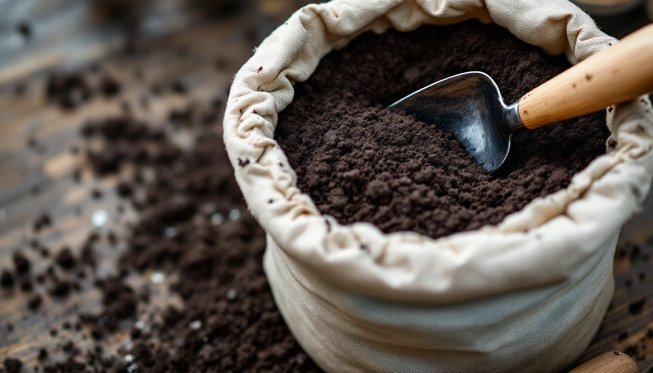 An open sack of dark potting soil with a trowel on a potting bench
