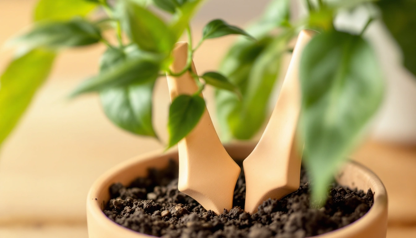 Two terracotta watering spikes in a pot of soil next to young plants