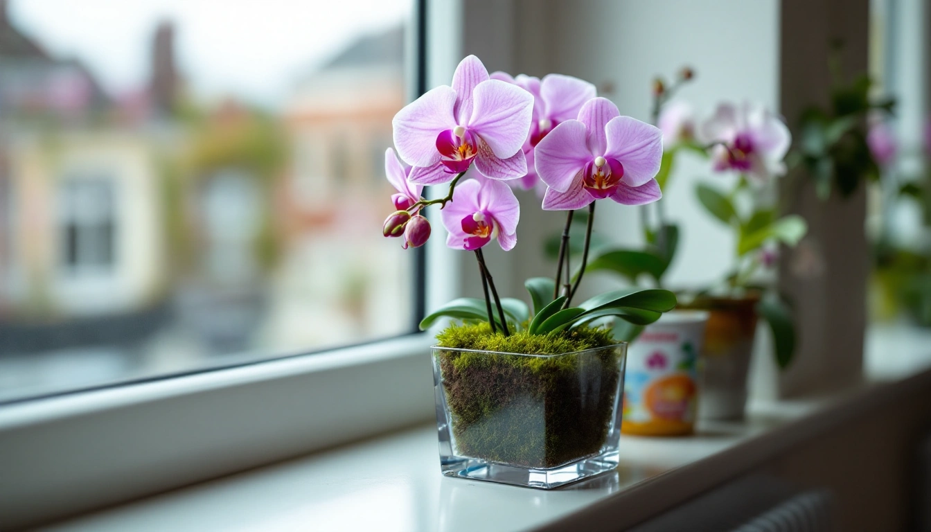 An orchid in a glass pot with sphagnum moss on a windowsill