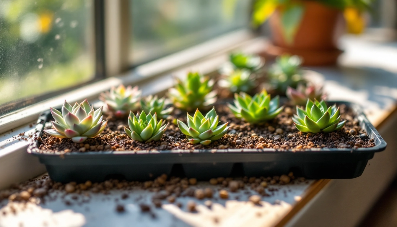 A tray of small succulents in gritty potting mix
