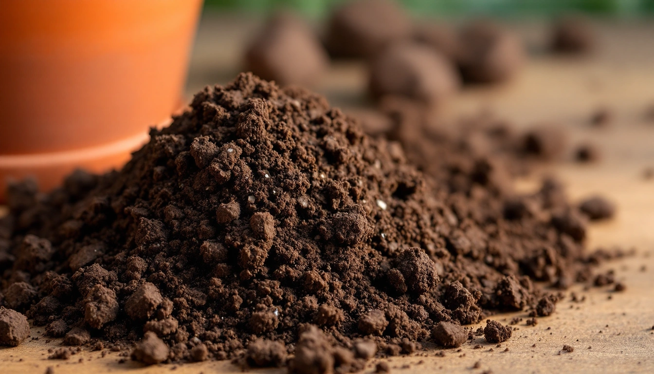 A pile of potting mix with visible perlite flecks next to a terracotta pot