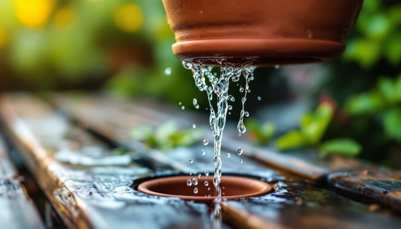 Water draining from a terracotta pot's drainage hole