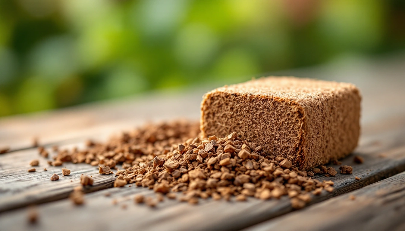 A coco coir brick and loose fiber on a garden bench