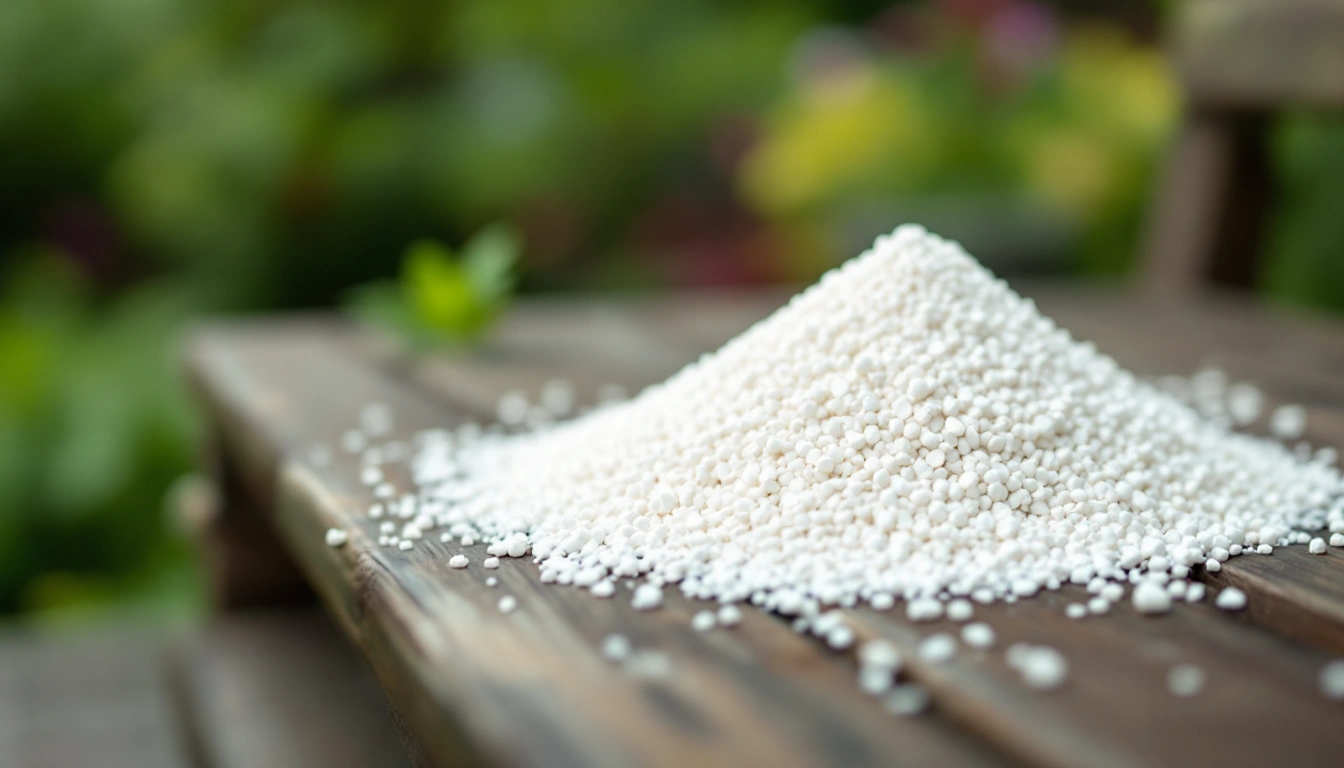 A close-up pile of white perlite granules on a garden bench